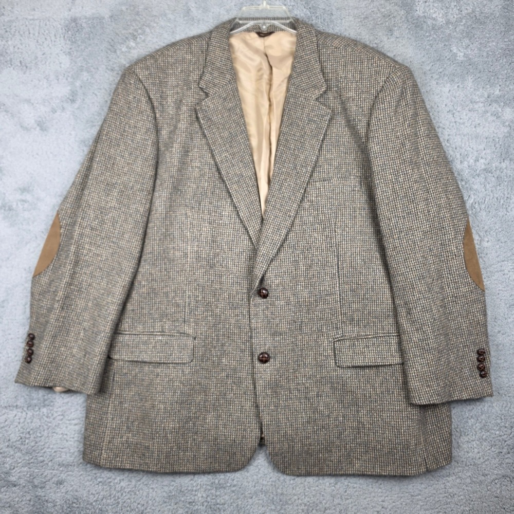 Oak Hill Lambswool Blazer Mens 56 Reg Brown Elbow Patch Sport Coat Micro Check
